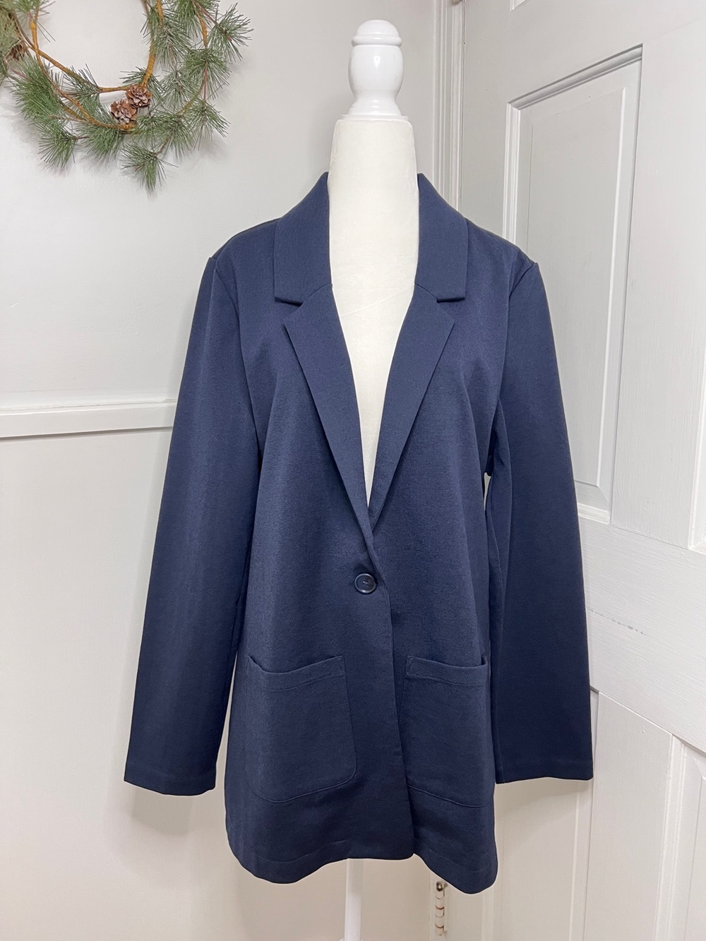 Garnet Hill Relaxed One Button Ponte Knit Organic Cotton Blazer in Navy